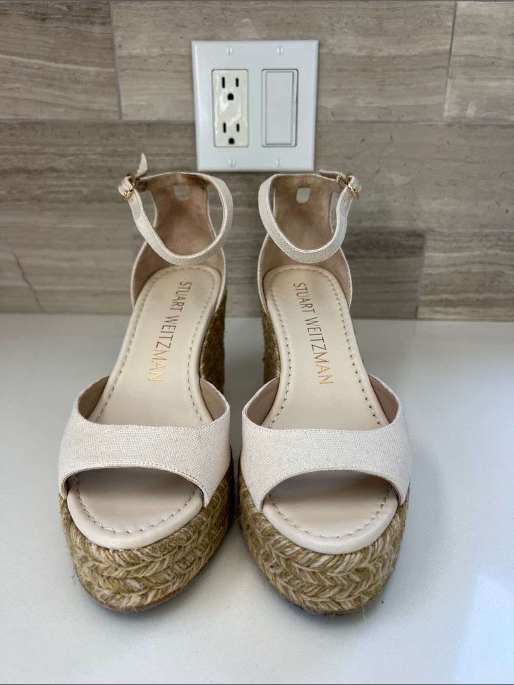Stuart Weitzman espadrille open toe wedges heels sandals natural cream canvas - Picture 5 of 9